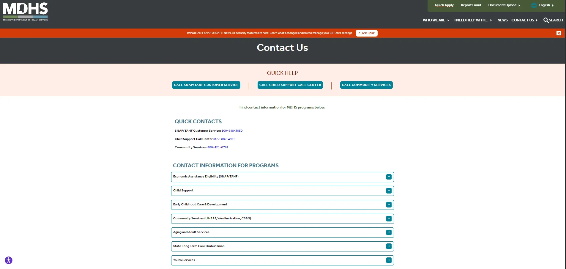 Official Mississippi MDHS Lee County Office page screenshot for Tupelo MS food stamp office SNAP benefits phone and hours