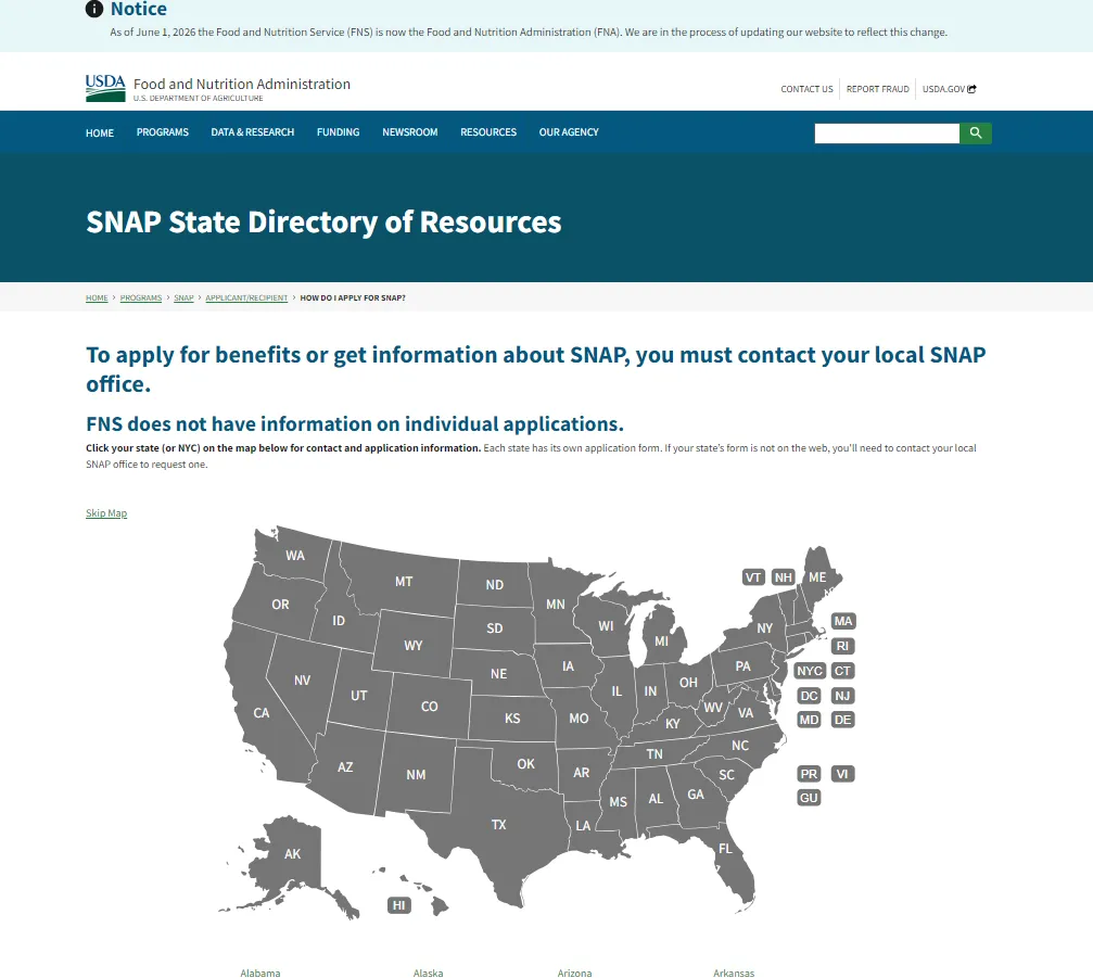 Official SNAP state directory screenshot for Jefferson County food stamp office SNAP benefits phone and hours