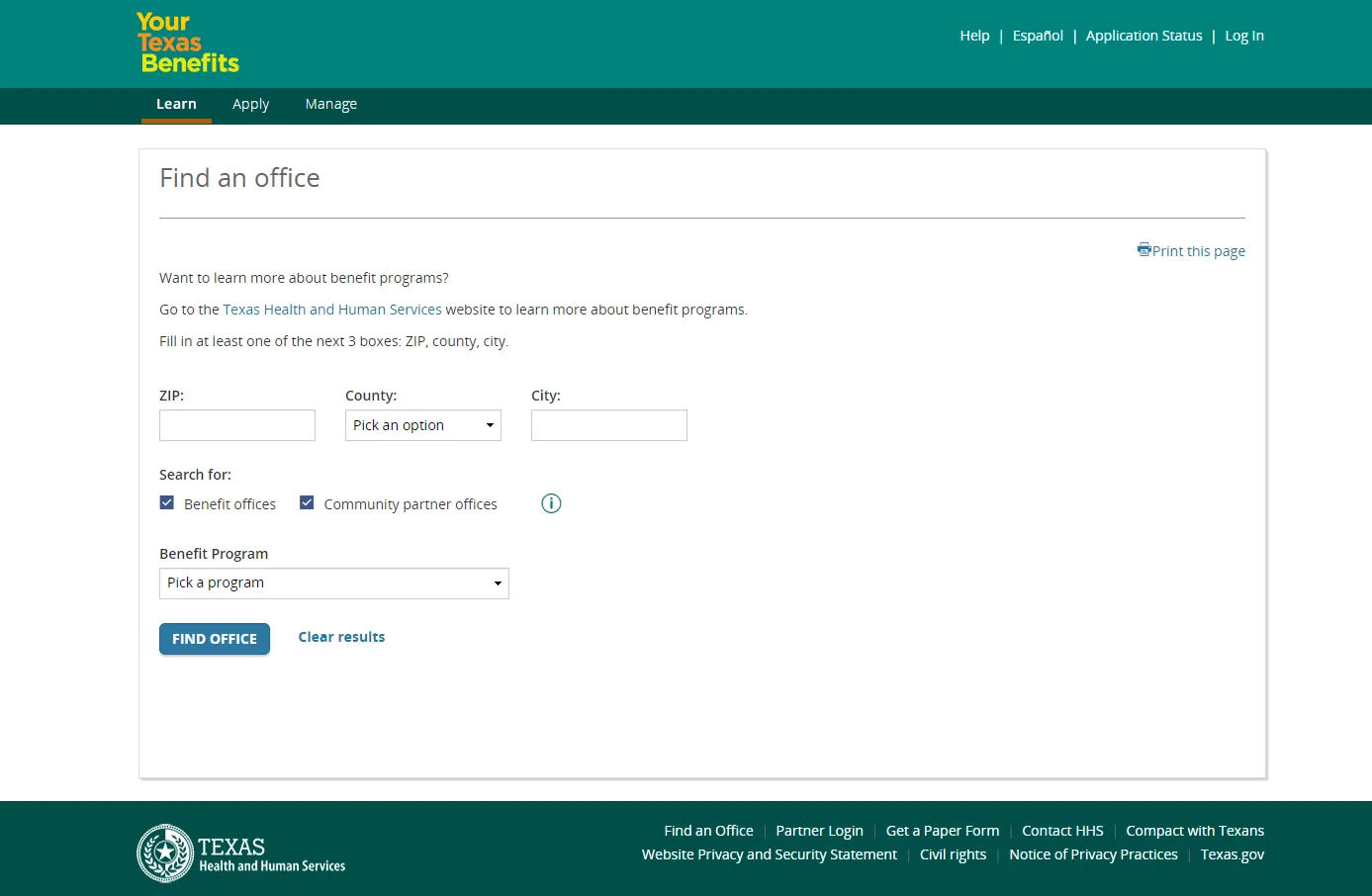 Texas Your Benefits Find an Office official page screenshot for Beaumont TX food stamp office