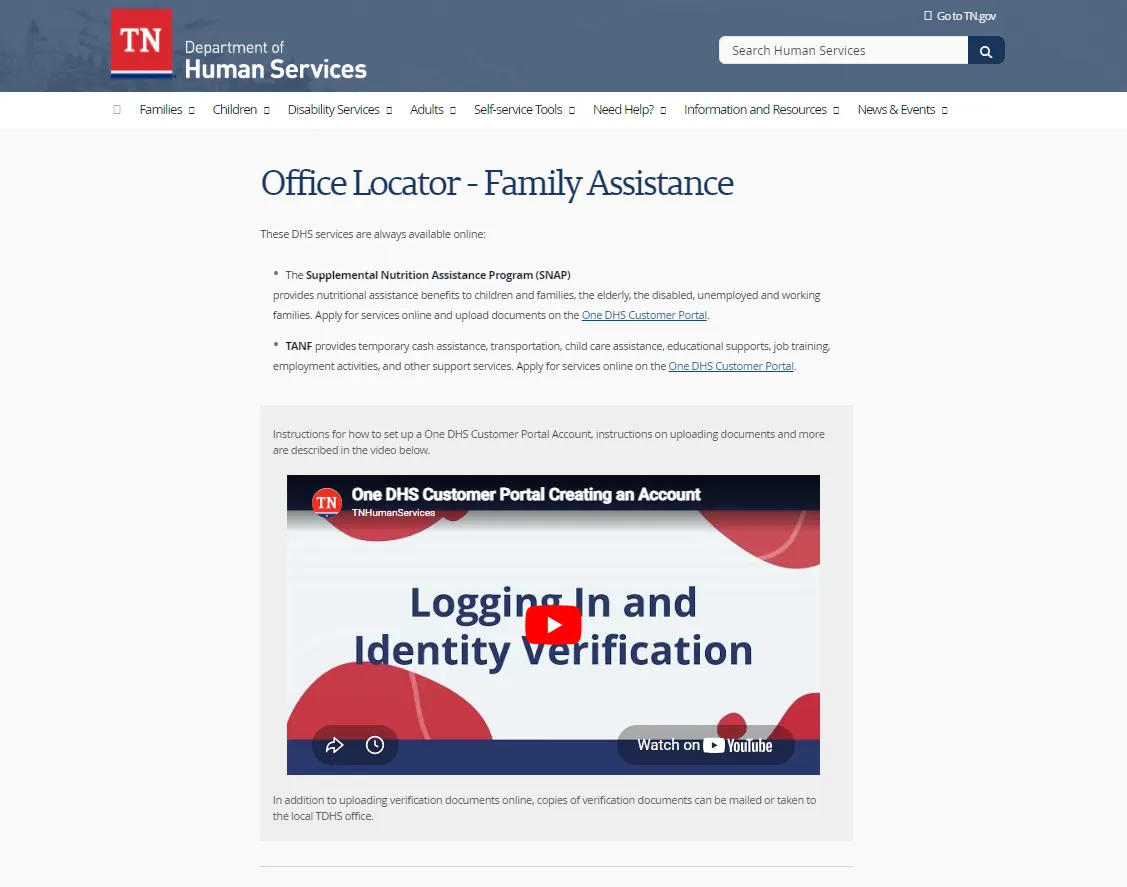 Tennessee DHS Rutherford County official office locator screenshot for Murfreesboro TN food stamp office