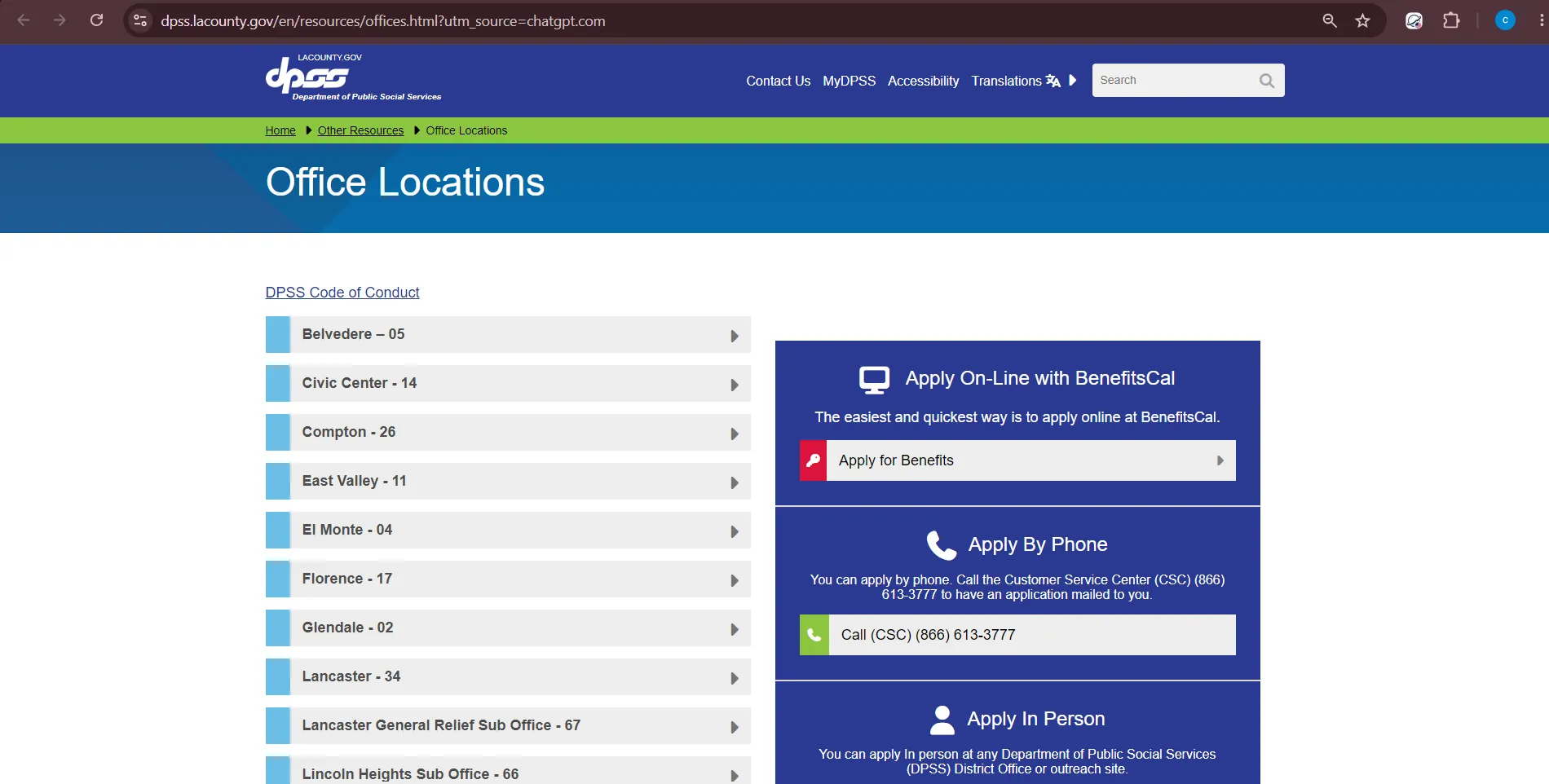 Official Los Angeles County DPSS office locations page showing CalFresh SNAP office address phone number and support options for Los Angeles CA