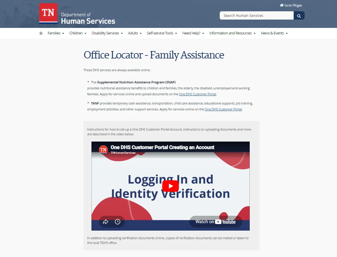 Tennessee DHS Knox County SNAP office official locator screenshot for Knoxville TN food stamp office