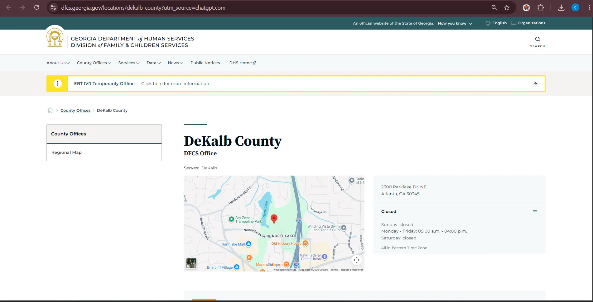 Official Georgia DFCS DeKalb County office locator page for Decatur GA food stamp office help