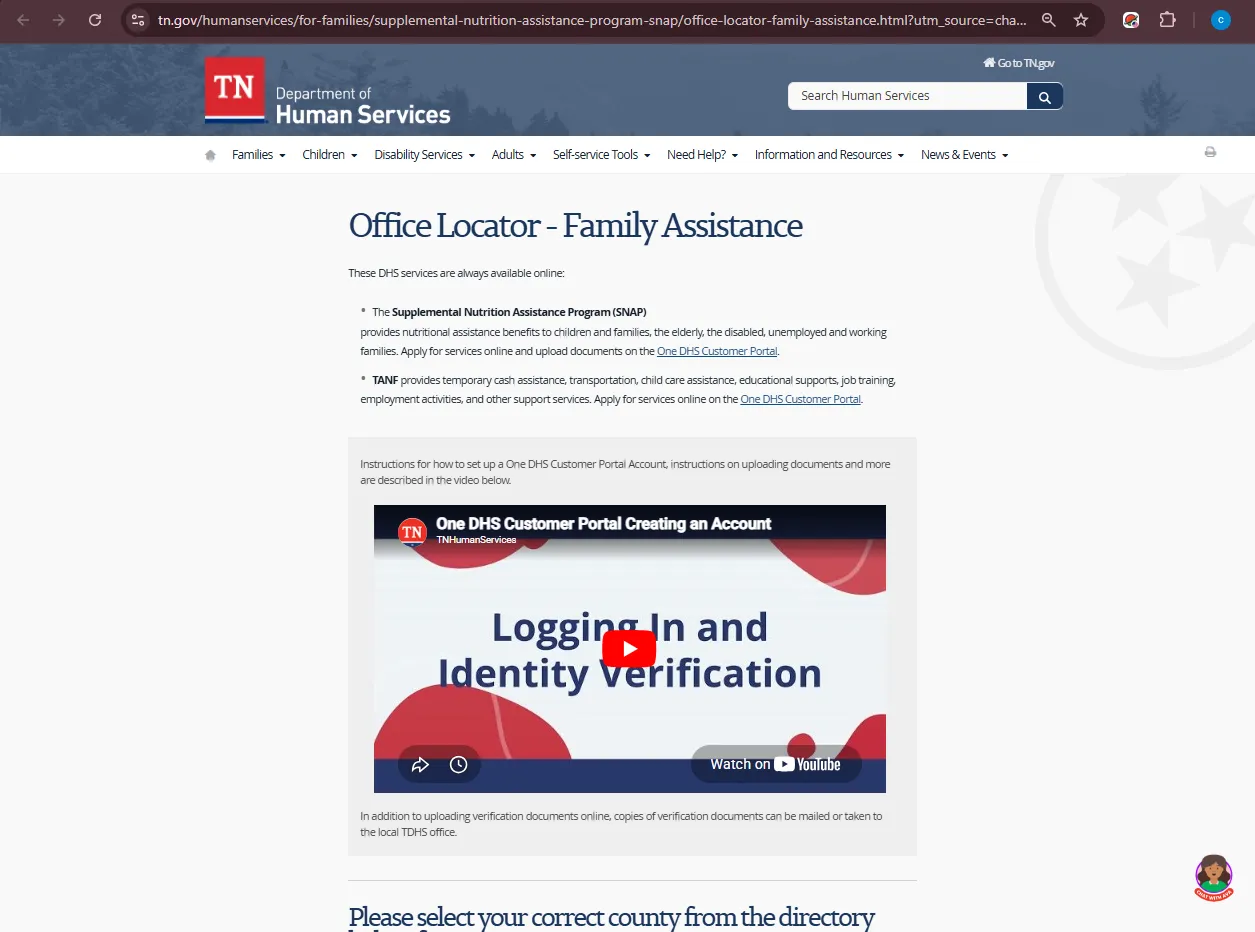 Official Tennessee DHS Shelby County Family Assistance office page showing food stamp office locations and phone details