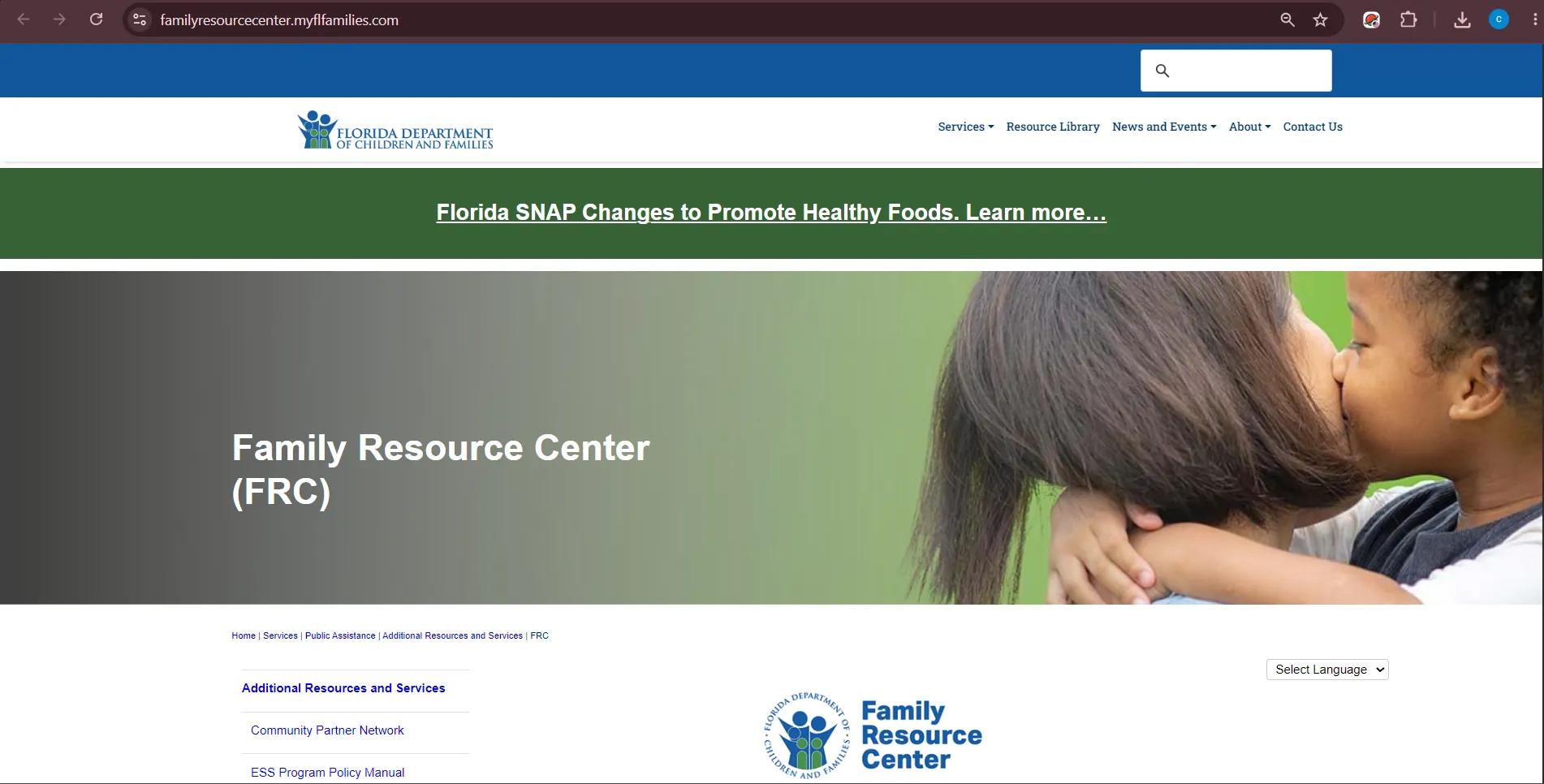 Official Florida DCF Family Resource Center page showing Panama City FL food stamp office and Bay County SNAP service center search