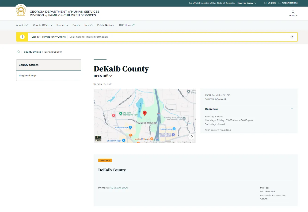 Georgia DFCS DeKalb County official office page screenshot for DeKalb County GA food stamp office guide