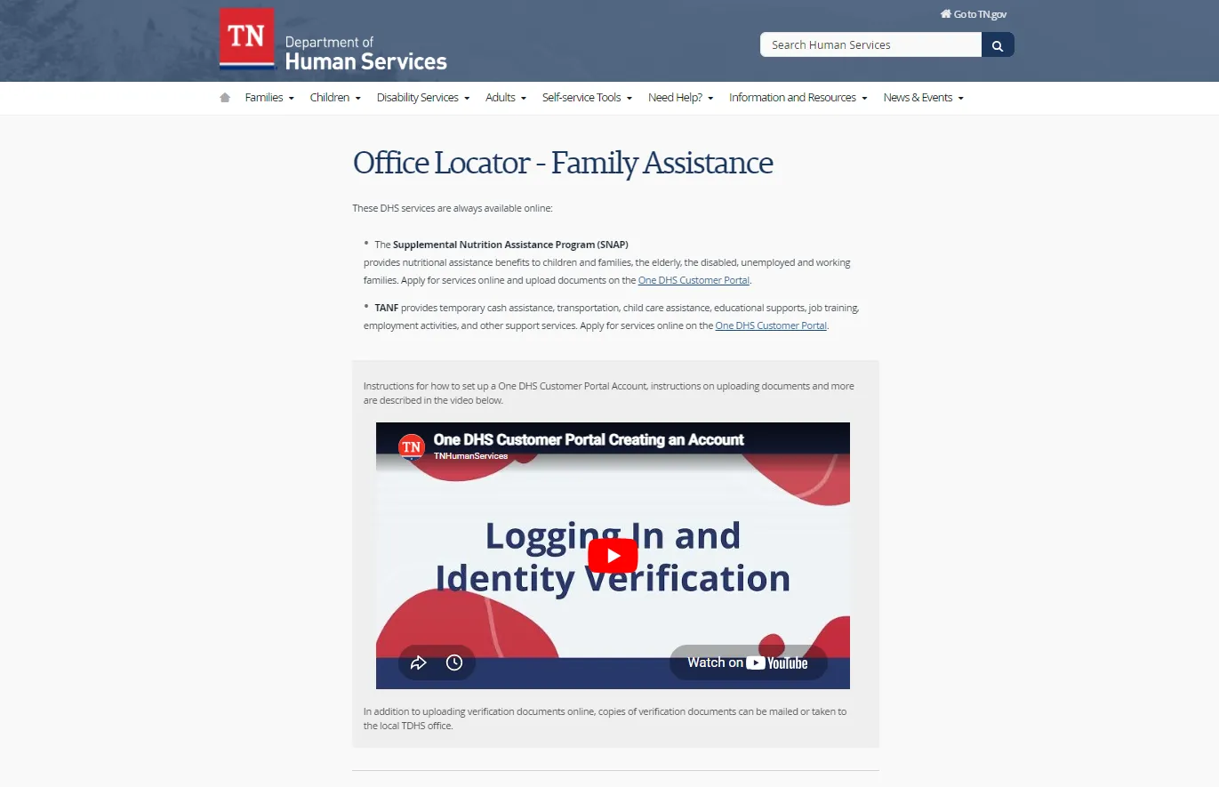 Official Tennessee DHS Davidson County SNAP office locator page for Nashville TN food stamp office help