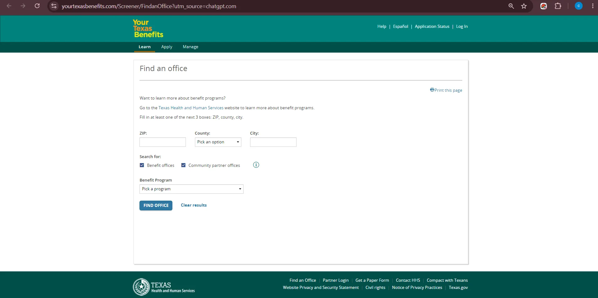 Official Your Texas Benefits office finder page for San Angelo TX food stamp office and SNAP benefit office search