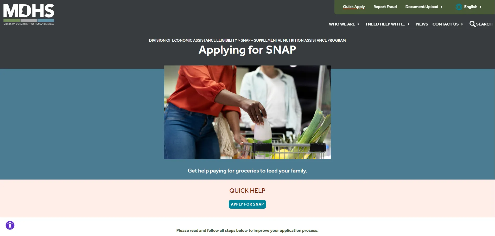 Mississippi MDHS SNAP official page screenshot for Jackson MS food stamp office phone hours and benefits help