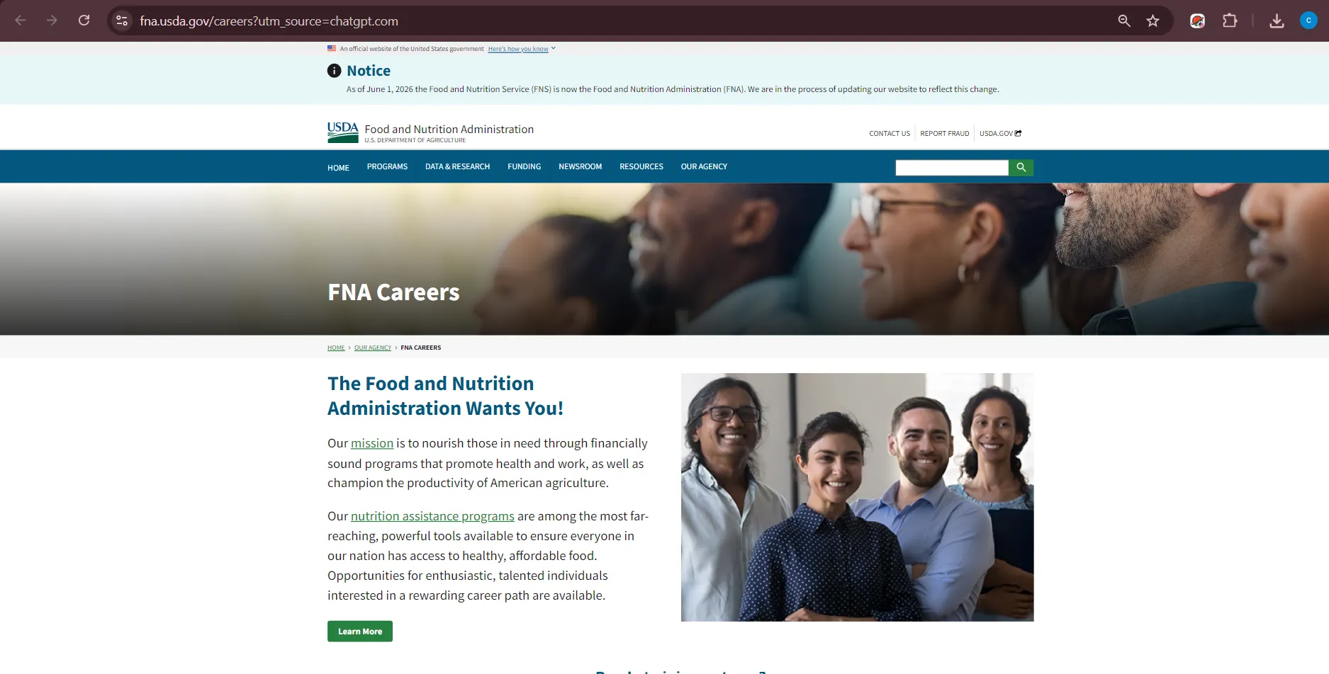 Official USDA Food and Nutrition Service careers page for food stamp office jobs and SNAP office career guidance