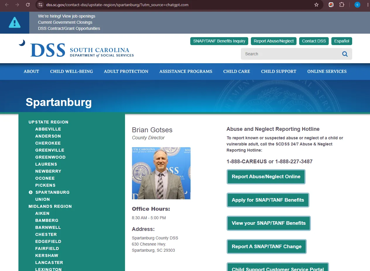 Official South Carolina DSS Spartanburg County office page for Spartanburg SC food stamp office help