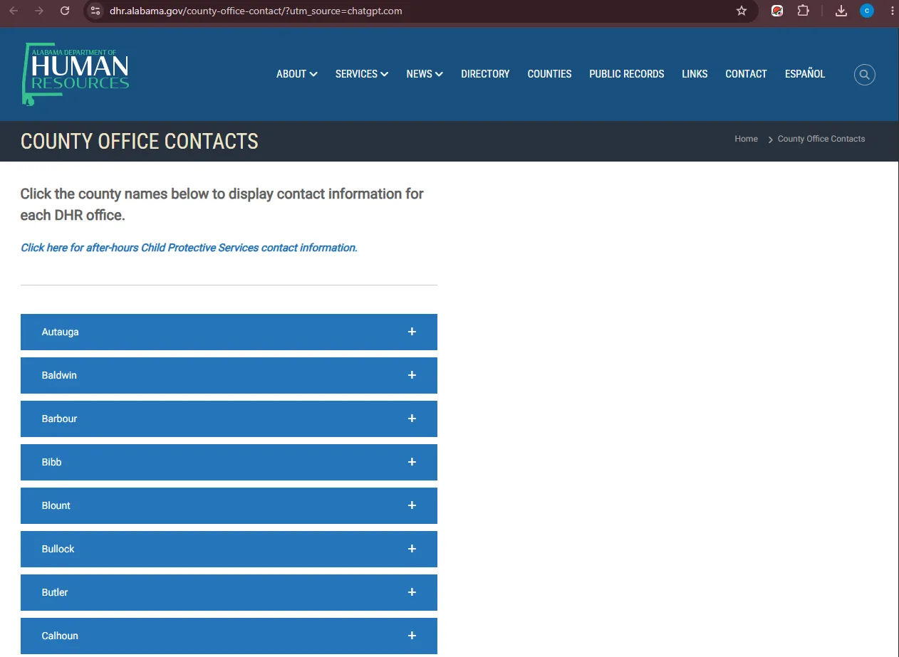 Official Alabama DHR Mobile County office contact page for Mobile County AL food stamp office