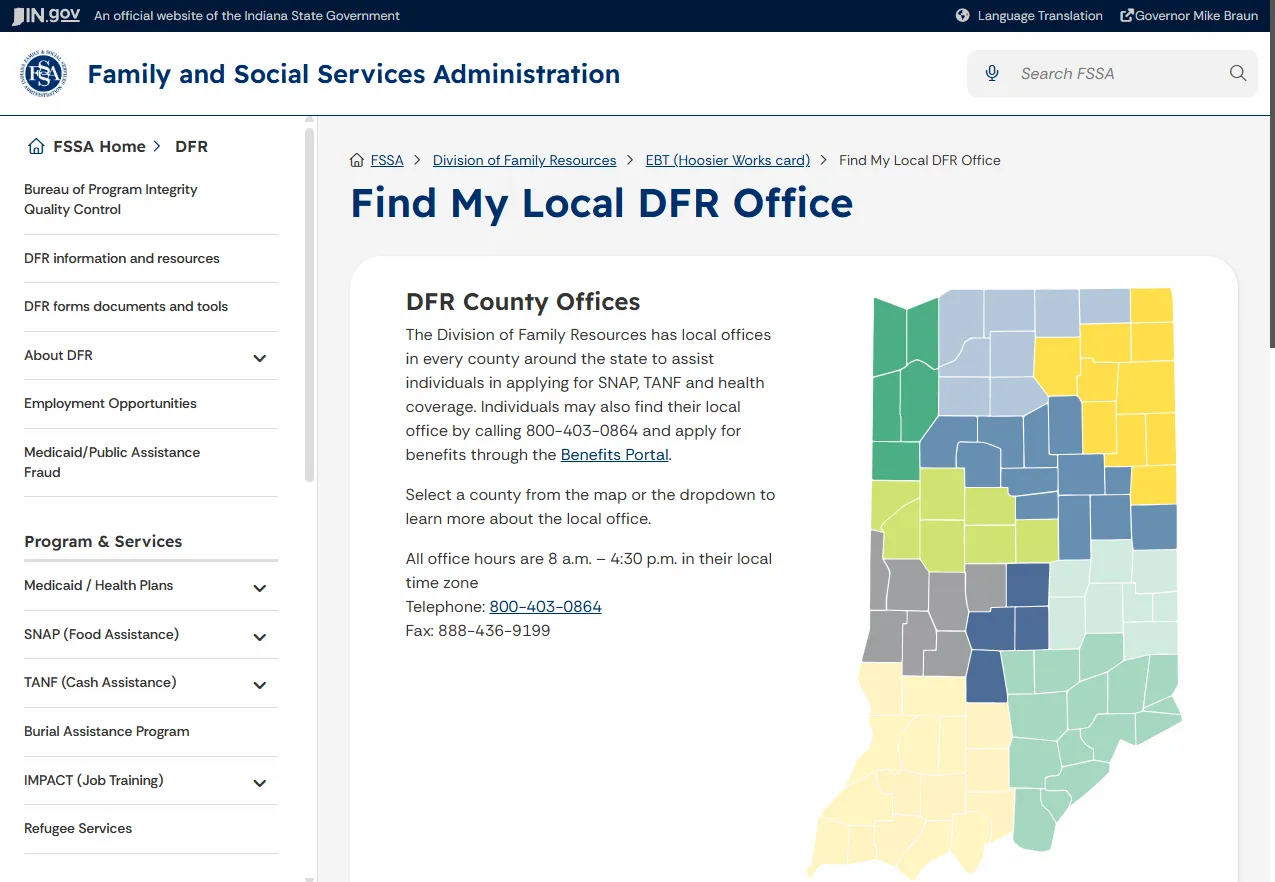 Official Indiana FSSA DFR office locator screenshot for Montgomery County food stamp office help