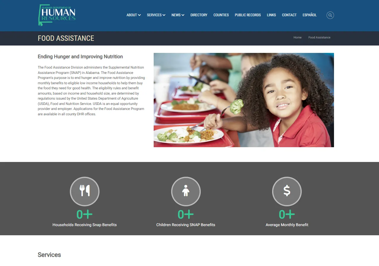 Alabama DHR Food Assistance official page screenshot for Alabama food stamp office