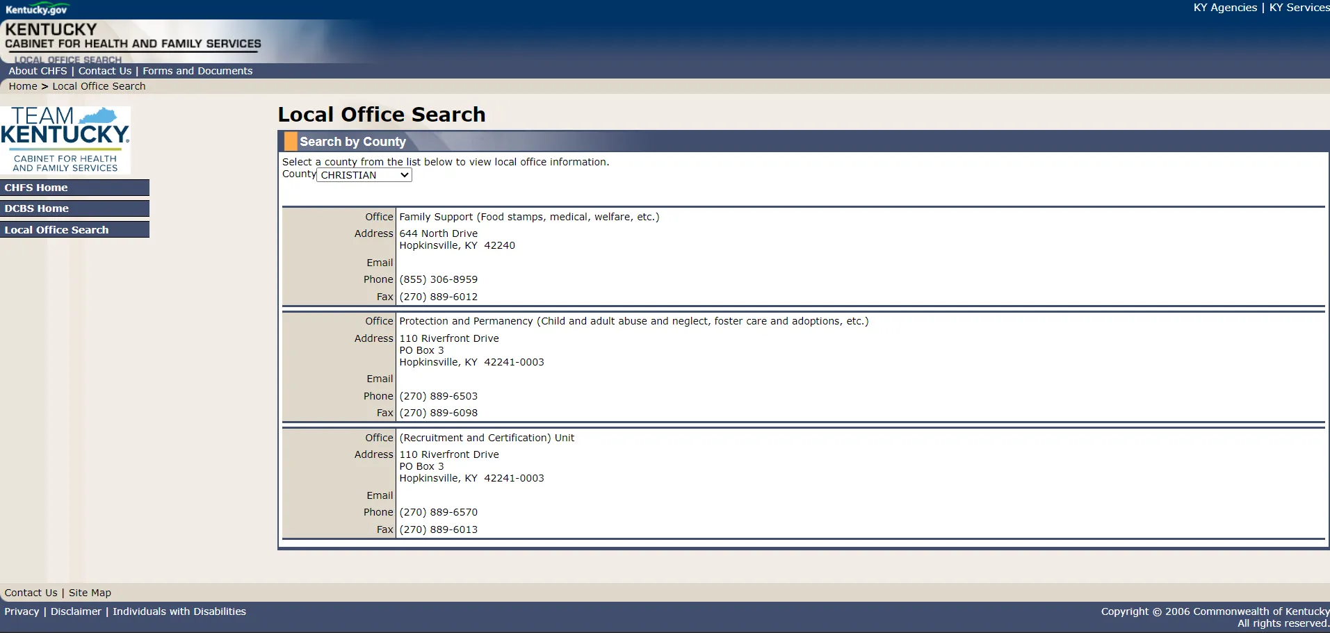Kentucky CHFS official local office search screenshot for Hopkinsville KY food stamp office and SNAP help