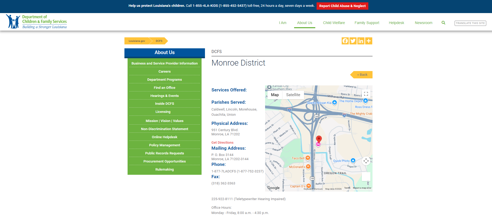 Louisiana DCFS Monroe District office page screenshot for Monroe LA food stamp office