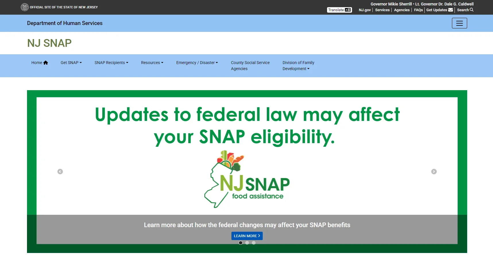 New Jersey DHS NJ SNAP official page screenshot for New Jersey food stamp office