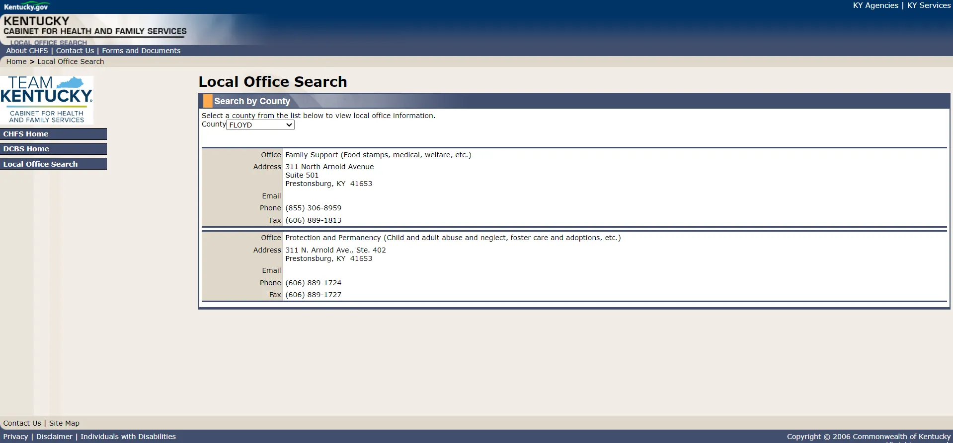 Prestonsburg KY food stamp office official DCBS screenshot for SNAP location and phone