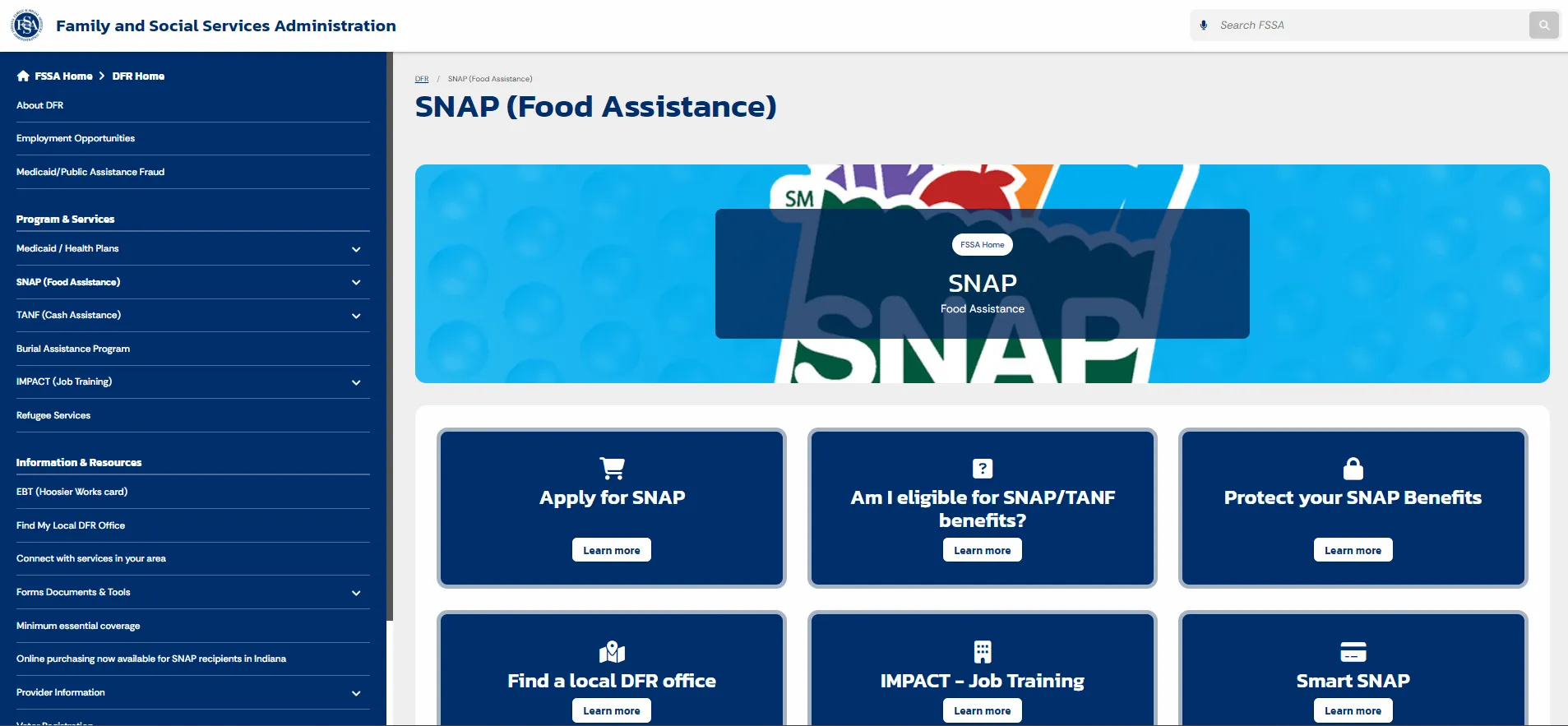 Indiana FSSA SNAP Food Assistance official page screenshot for Indiana food stamp office phone number