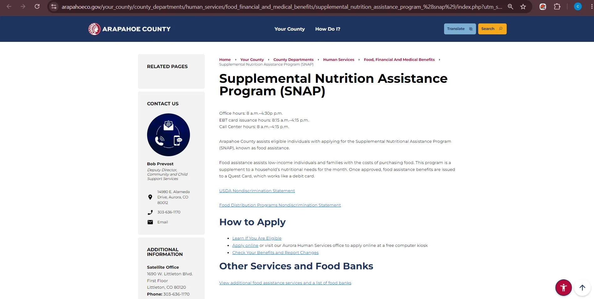 Official Arapahoe County Colorado SNAP page showing food stamp office hours phone number and application help