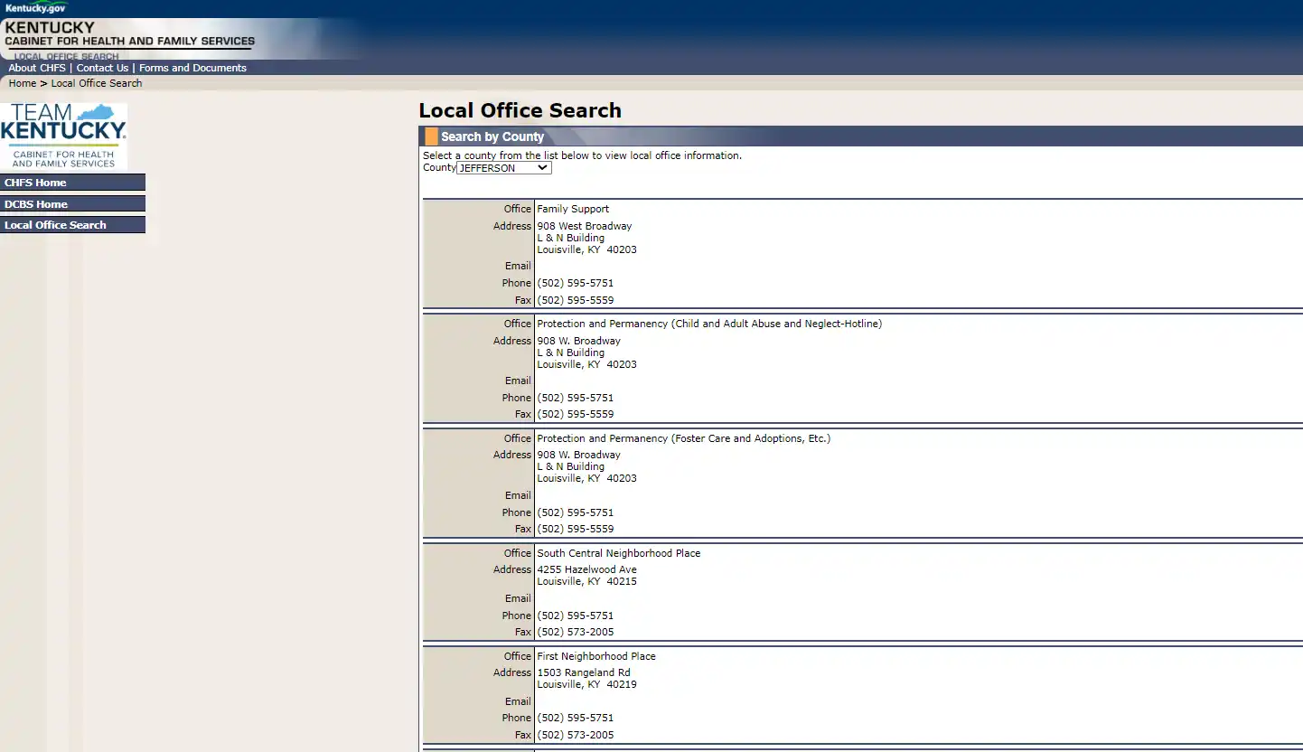 Kentucky CHFS DCBS official local office search screenshot for Louisville KY food stamp office