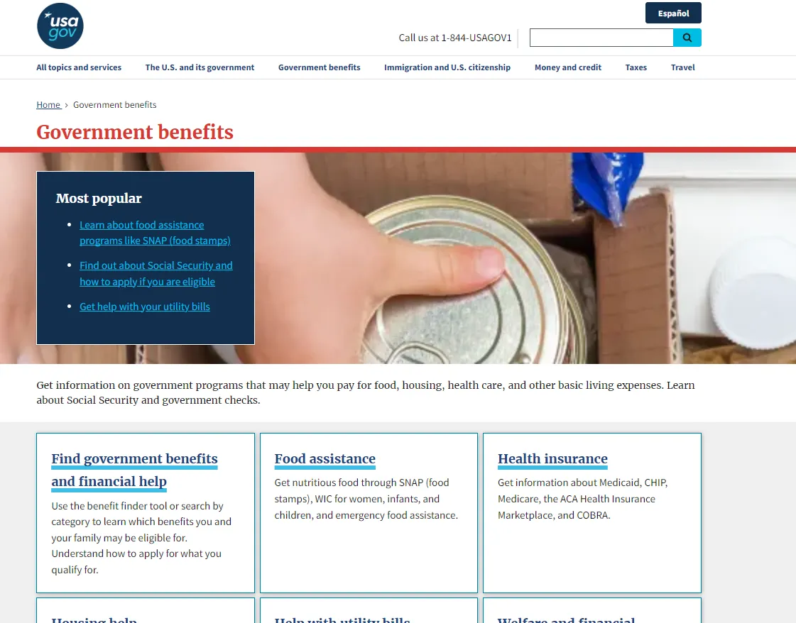USA.gov Government Benefits official page screenshot for food stamp Medicaid and cash assistance office help