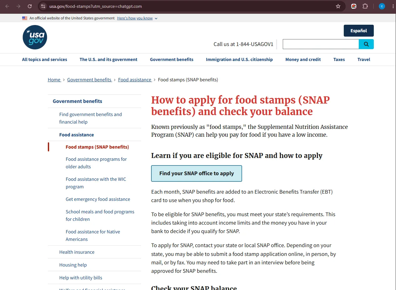 Official USA.gov SNAP page showing food stamp office fax application and document submission guidance