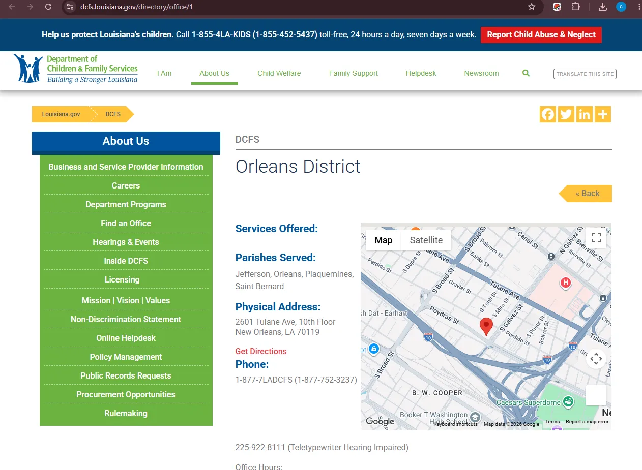 Official Louisiana DCFS Orleans District SNAP office page for Orleans Parish LA food stamp office help