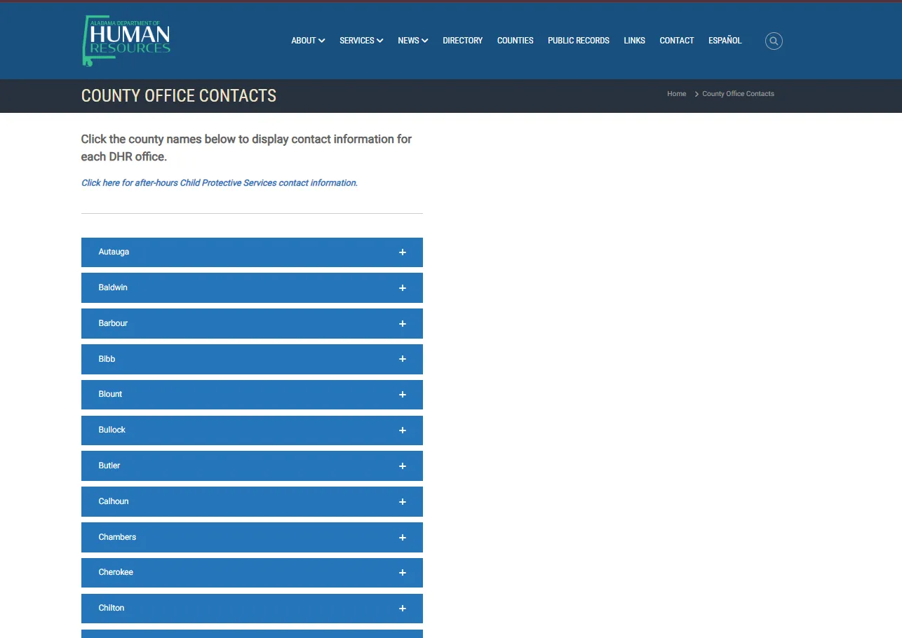 Alabama DHR Houston County office contact page screenshot for Dothan AL food stamp office