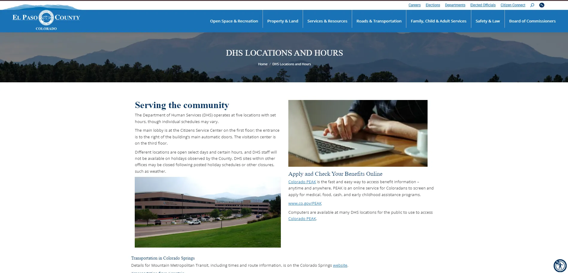El Paso County DHS official locations page screenshot for Colorado Springs CO food stamp office and SNAP benefits help