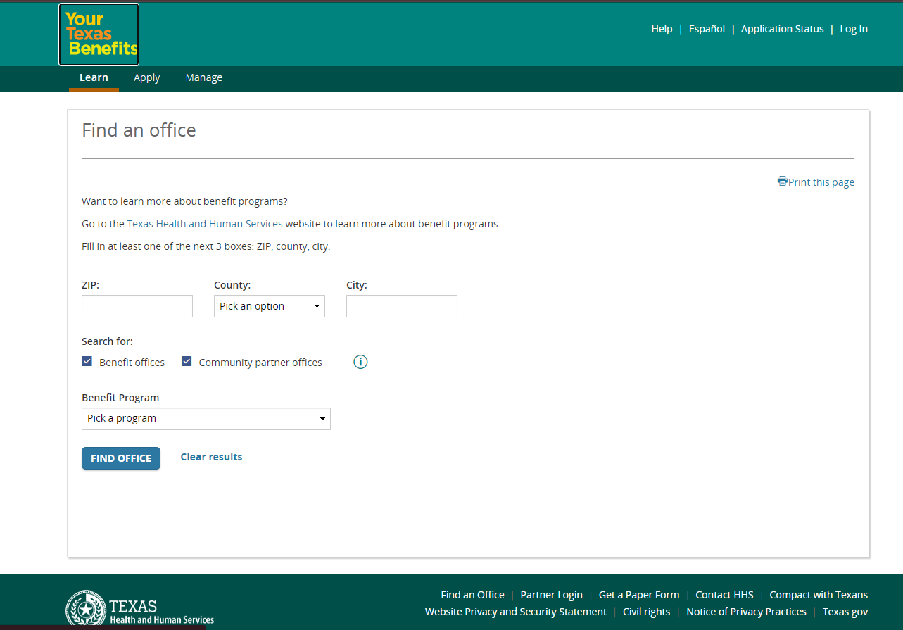 Texas Your Benefits official office locator screenshot for Austin TX food stamp office help