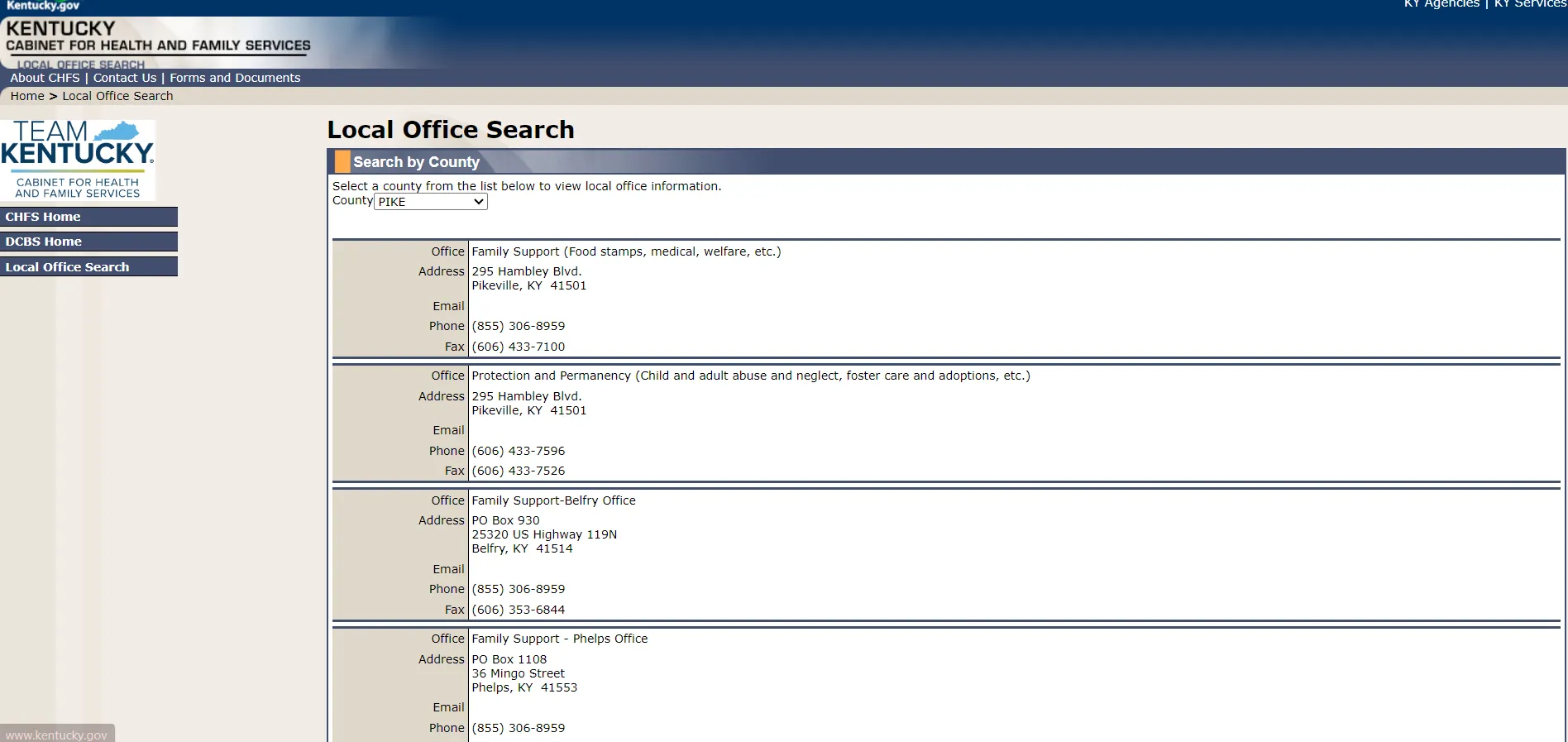 Official Kentucky CHFS DCBS Local Office Search screenshot for Pikeville KY food stamp office and SNAP phone guide