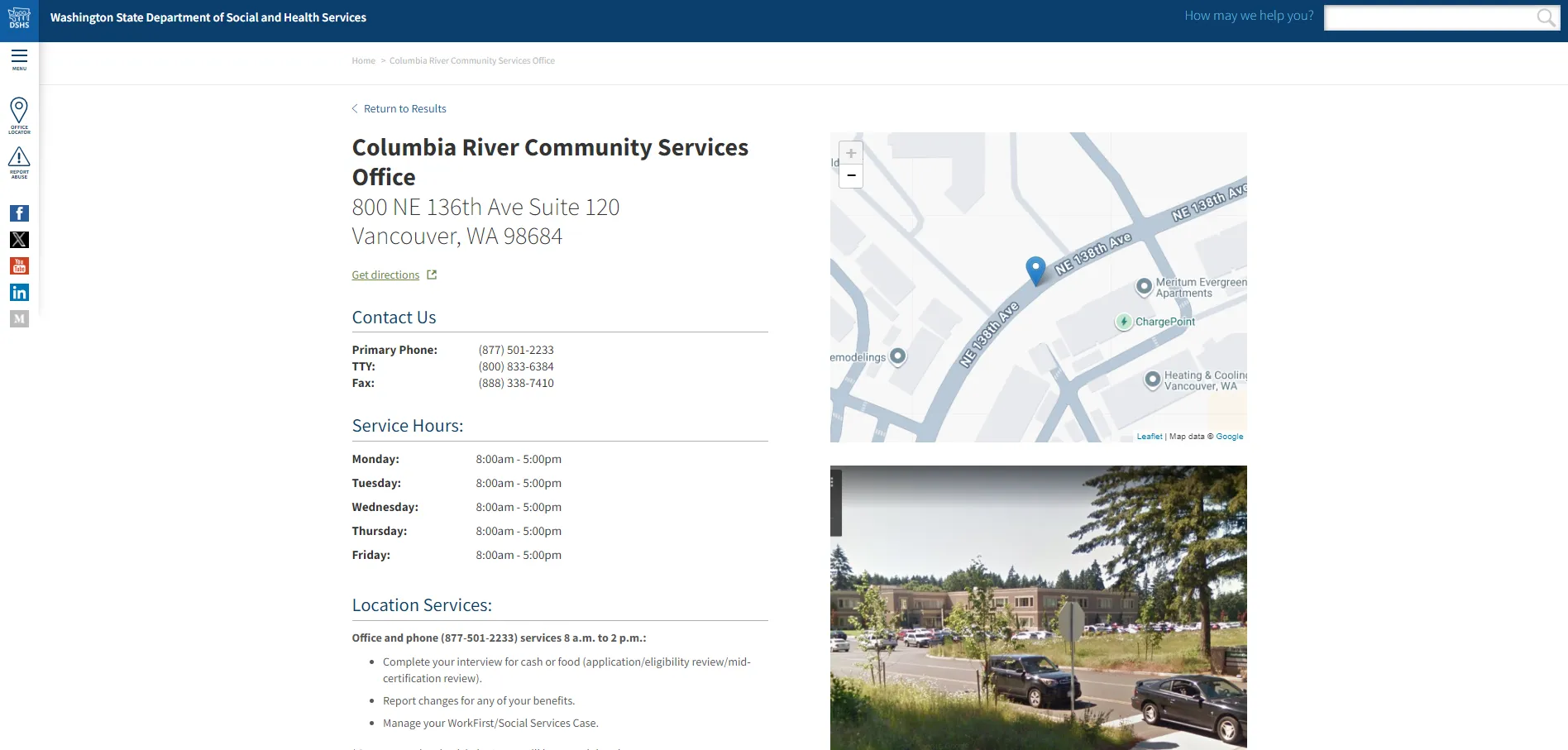 Washington DSHS Columbia River Community Services Office official page screenshot for Vancouver WA food stamp office