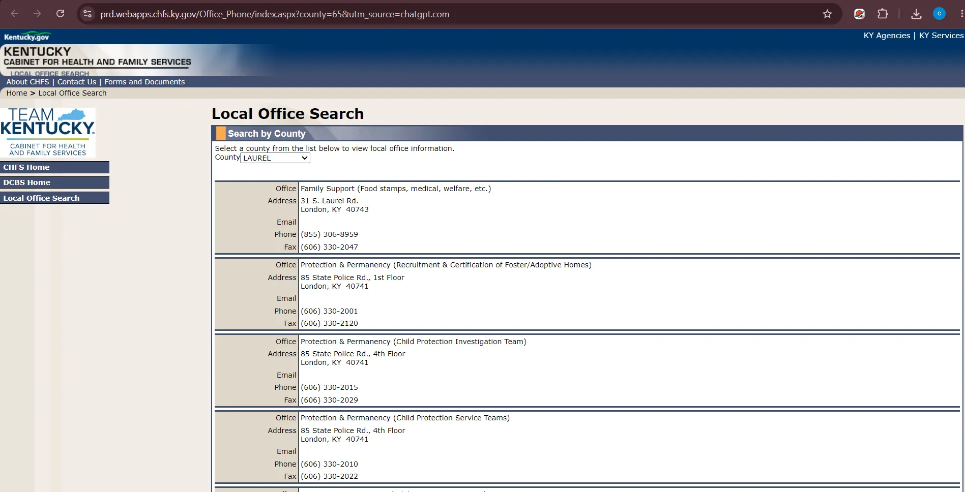 Official Kentucky CHFS Laurel County Family Support office page for London KY food stamp office help