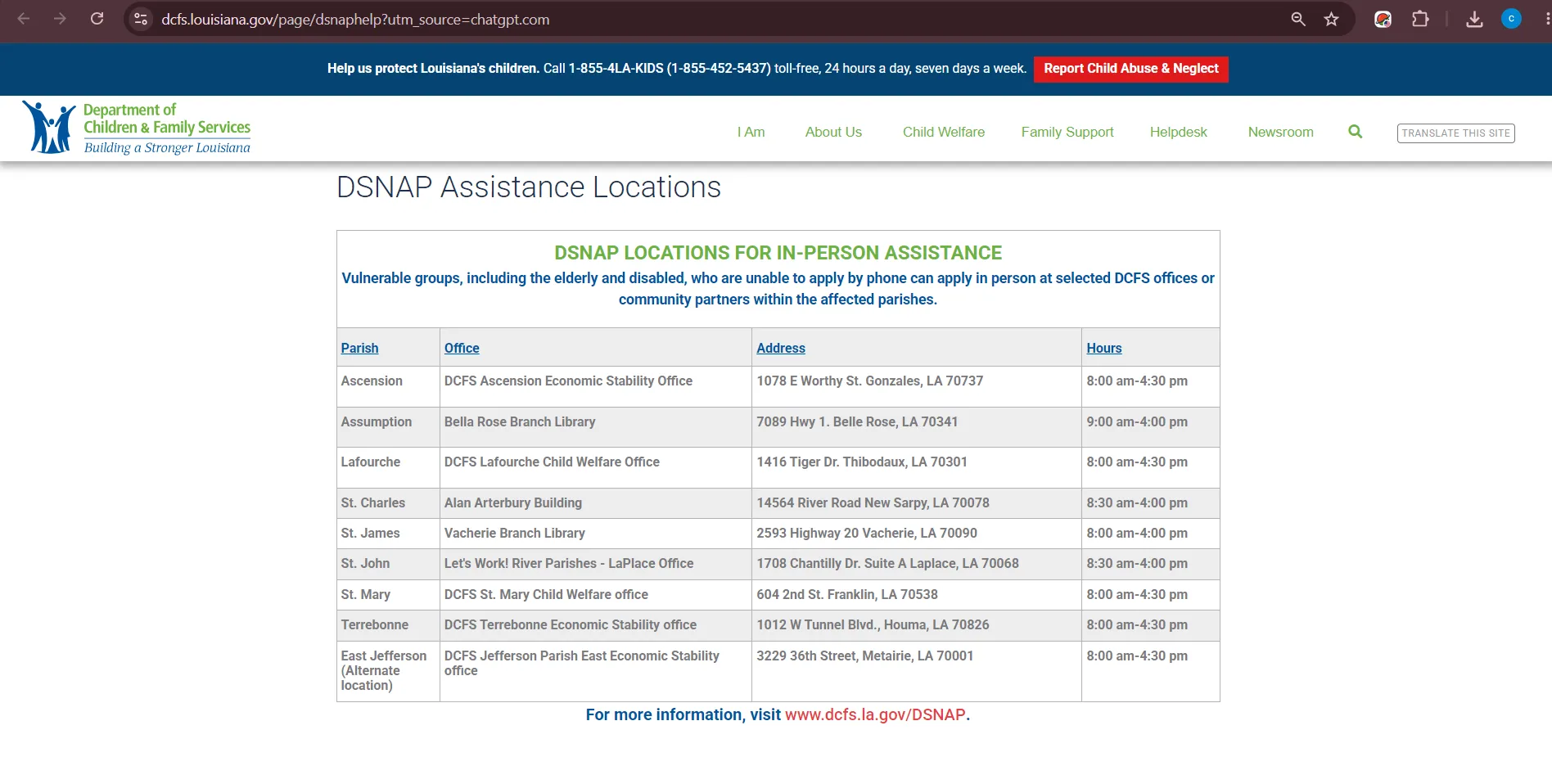 Official Louisiana DCFS East Jefferson Metairie SNAP office page for Metairie LA food stamp office help