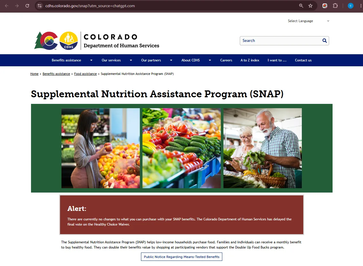 Official Colorado Department of Human Services SNAP page for Colorado food stamp office address phone and support