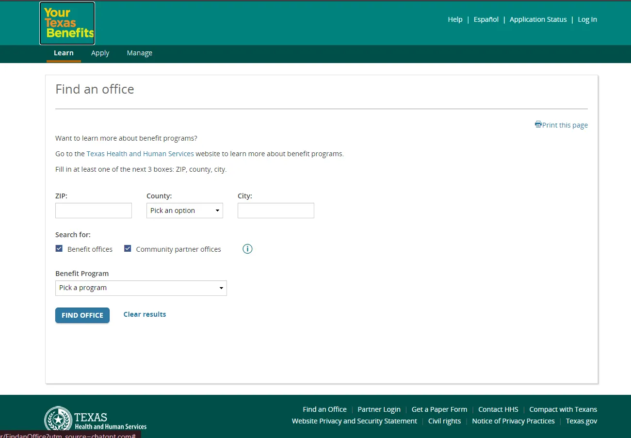 Your Texas Benefits Find an Office official page screenshot for Fort Worth TX food stamp office and SNAP help