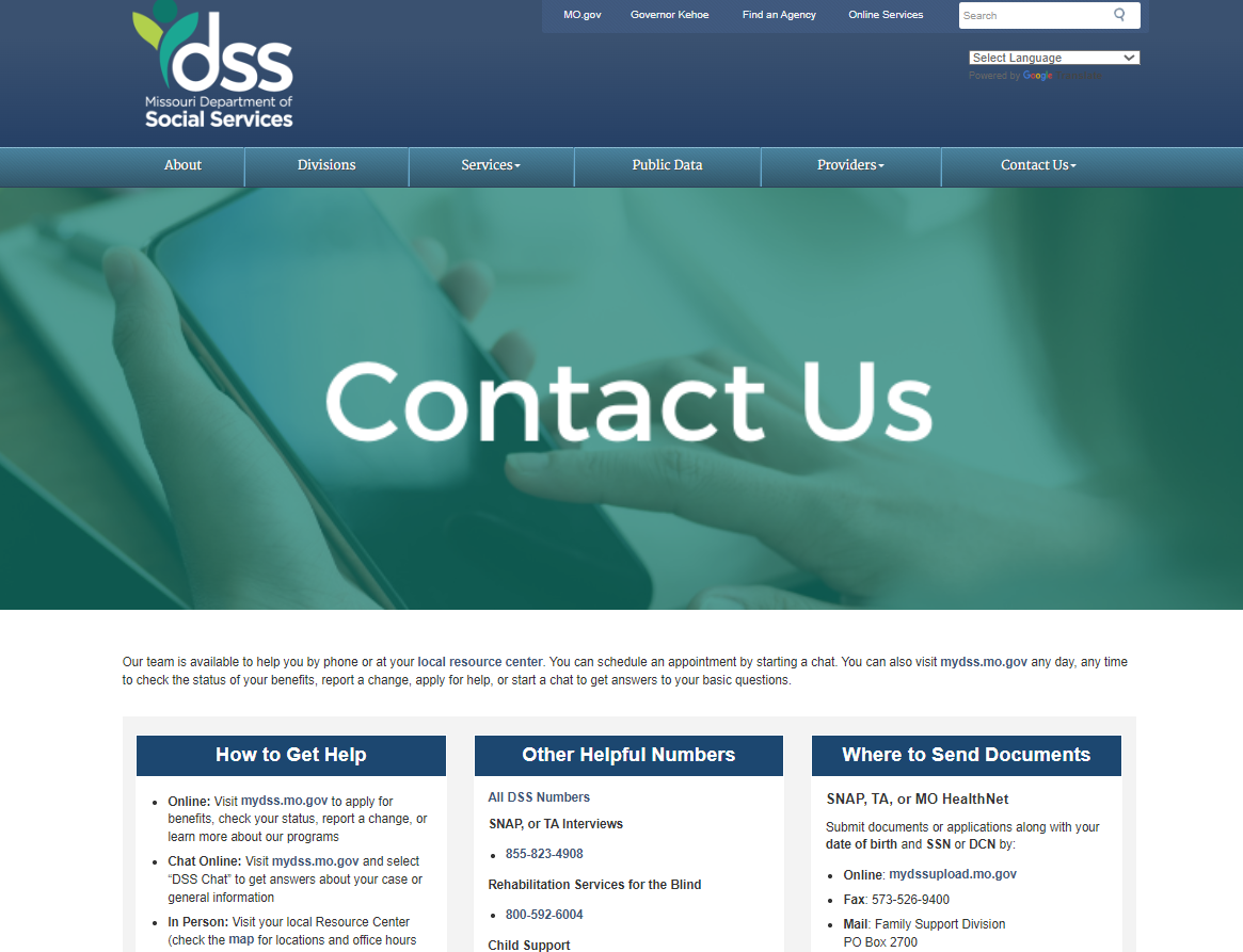Missouri DSS official office locator screenshot for Independence MO food stamp office and SNAP benefits help