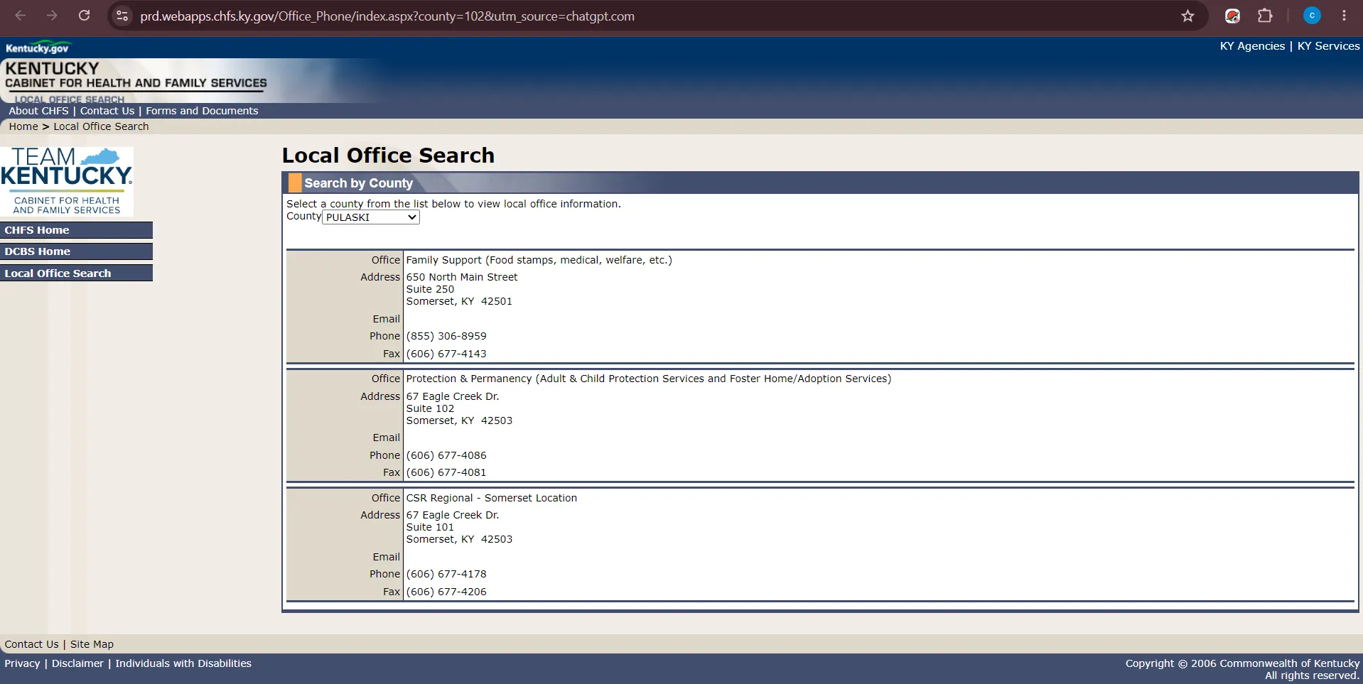 Official Kentucky CHFS Pulaski County Somerset KY food stamp office listing screenshot