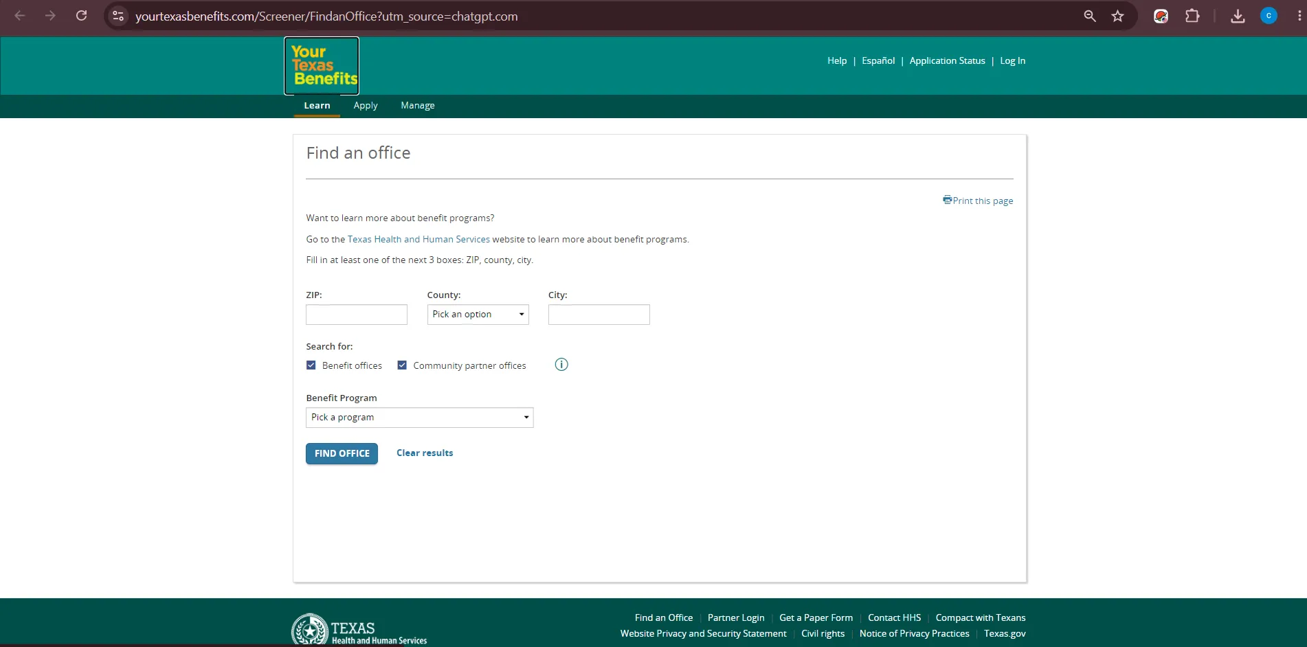 Official Your Texas Benefits office locator page for Tyler TX food stamp office and SNAP benefits help