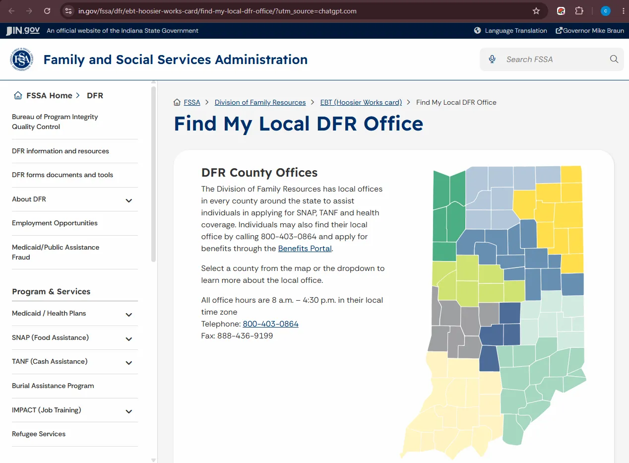 Official Indiana FSSA Marion County DFR office locator page for SNAP and food stamp office help