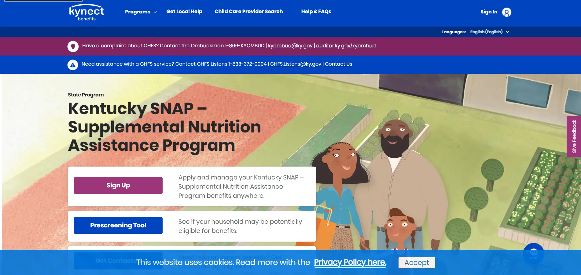 Kentucky kynect SNAP official page screenshot for Kentucky food stamp office phone number