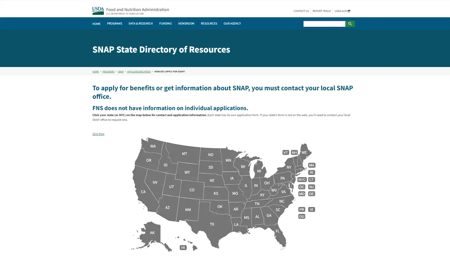 USDA SNAP State Directory official page screenshot for finding food stamp office near me