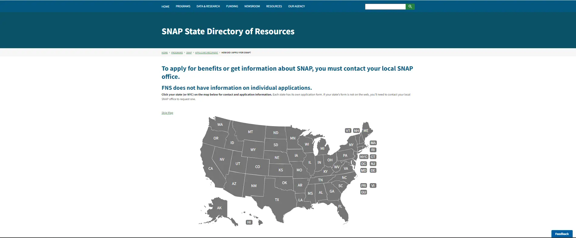 USDA SNAP State Directory official screenshot for finding Food Stamp Office locations and SNAP phone help