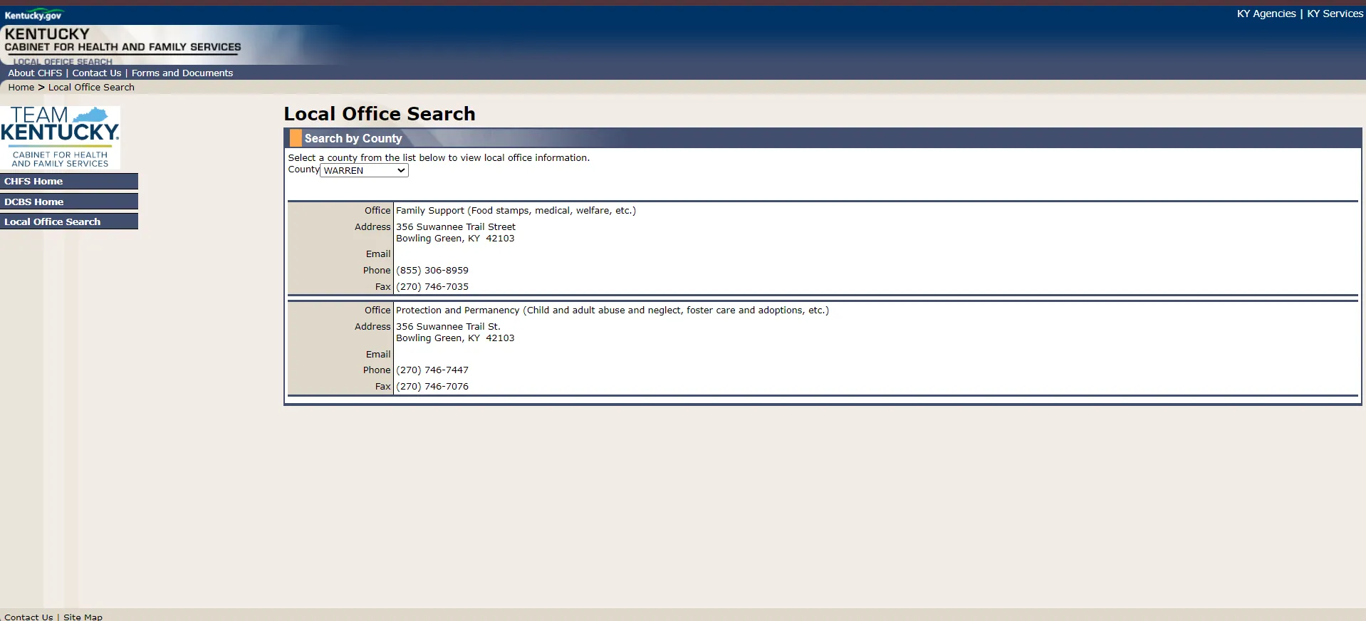 Kentucky DCBS Warren County SNAP office official page screenshot for Bowling Green KY food stamp office