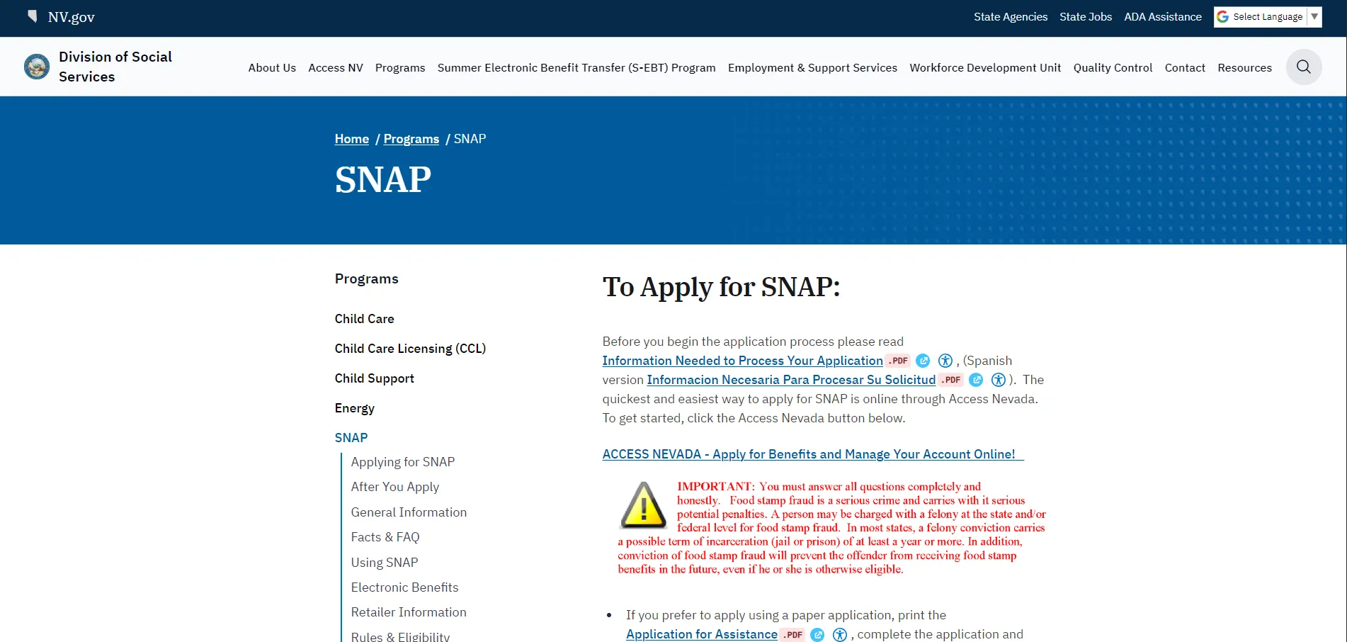 Nevada DSS SNAP official page screenshot for Las Vegas NV food stamp office EBT and benefits help