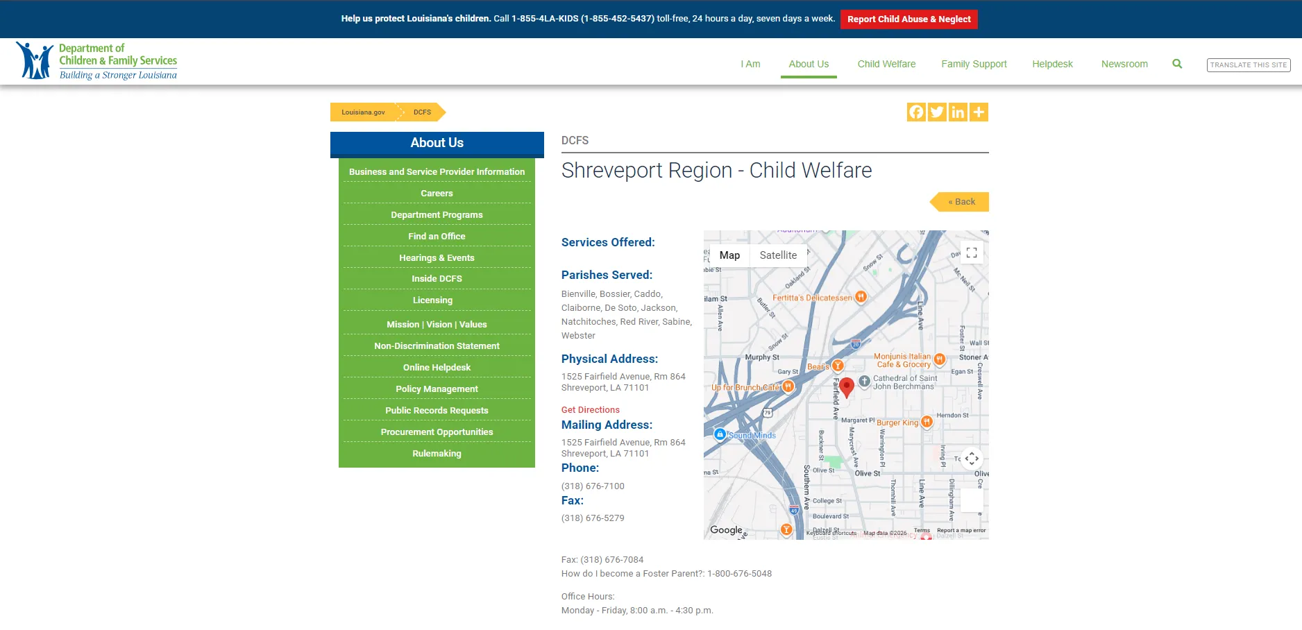 Official Louisiana DCFS Shreveport Region food stamp office page screenshot