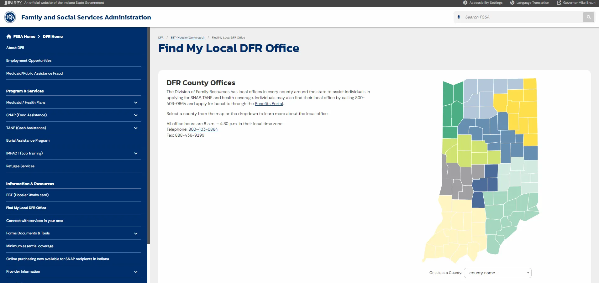Indiana FSSA DFR local office page screenshot for South Bend IN food stamp office