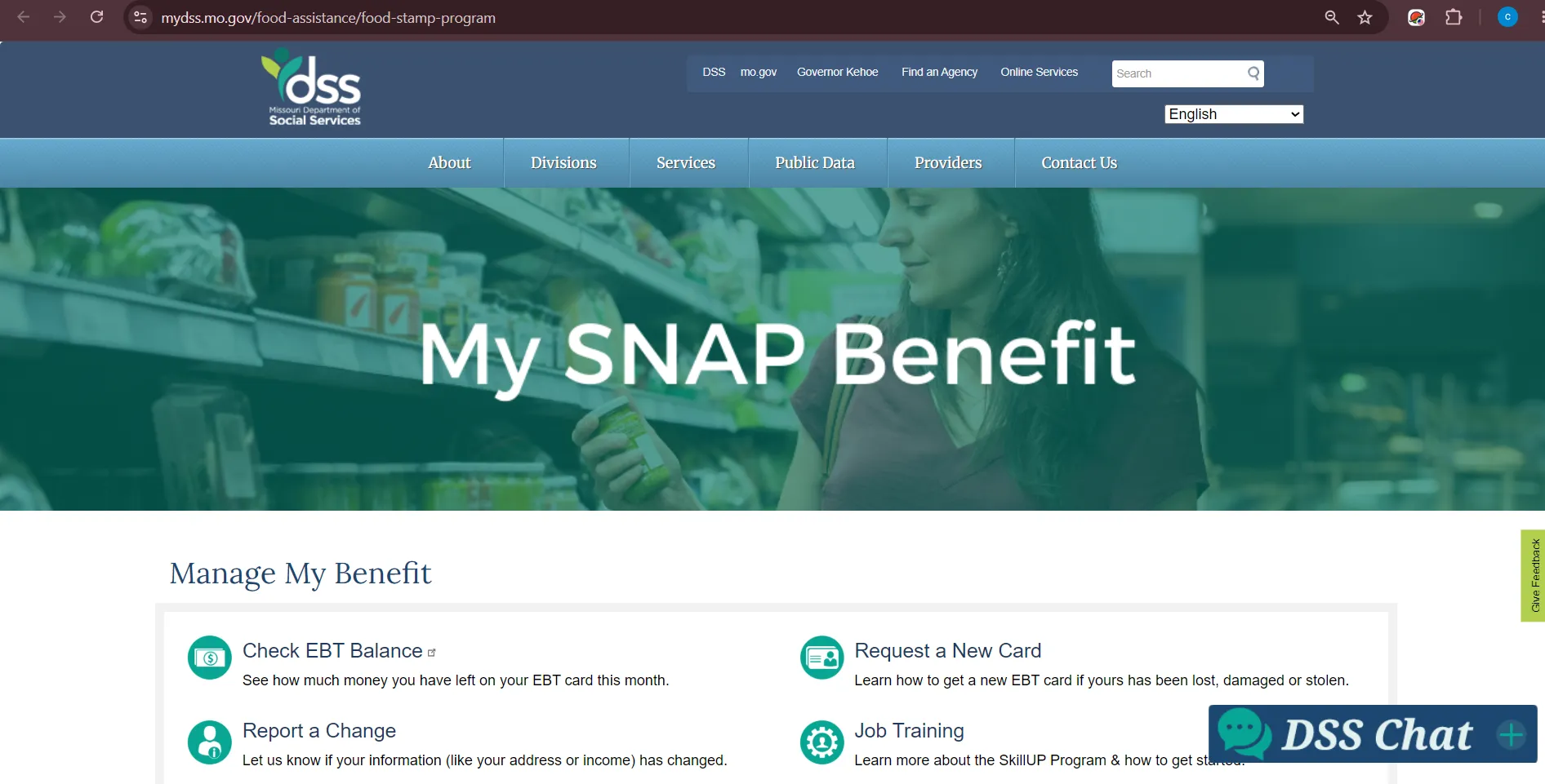 Official Missouri myDSS My SNAP Benefit page for Columbia MO food stamp office users