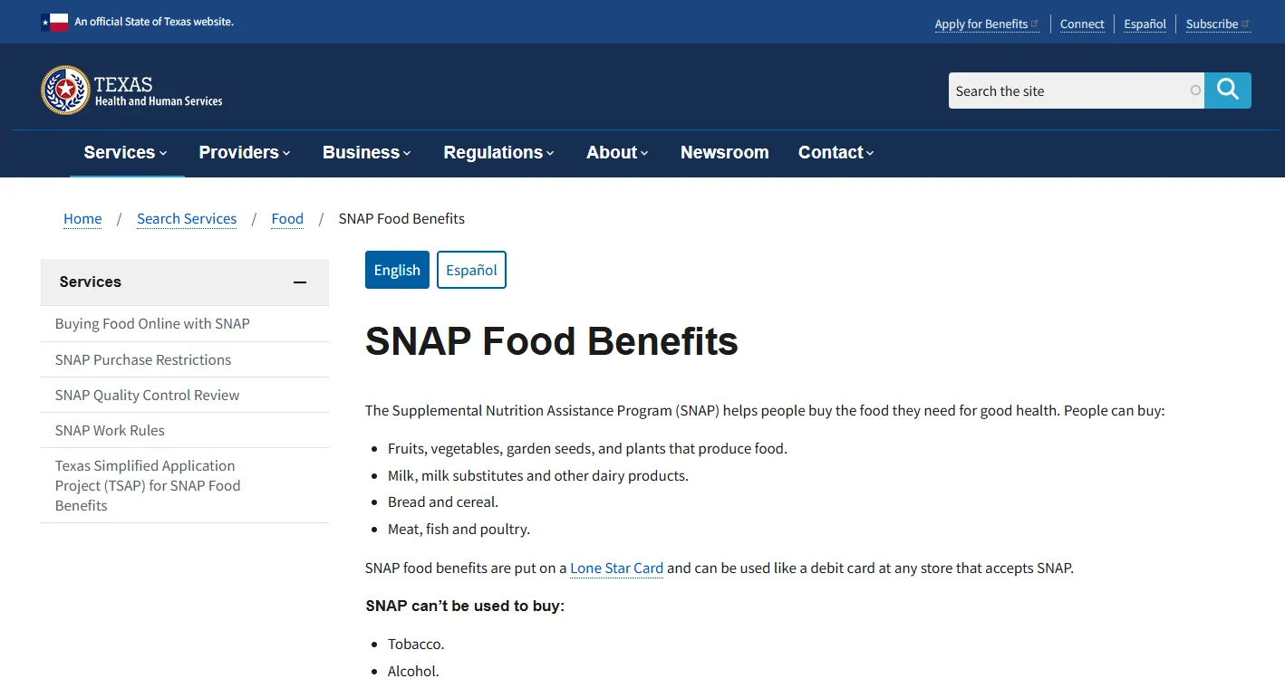 Official Your Texas Benefits SNAP application portal to apply for food stamps in Texas